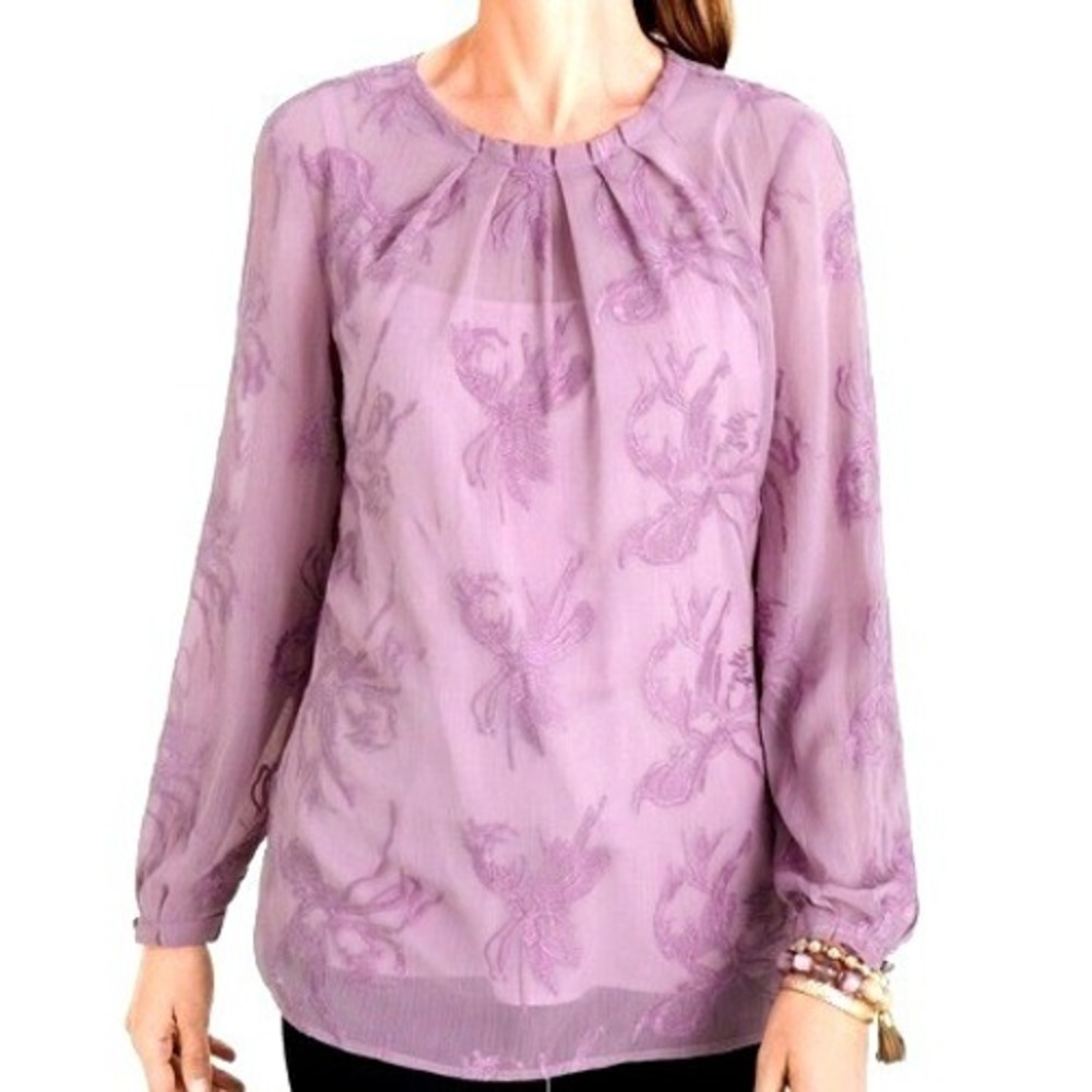 CHICO'S Women's XXL Purple Sheer Floral Embroidered Long Sleeve Pleated Blouse